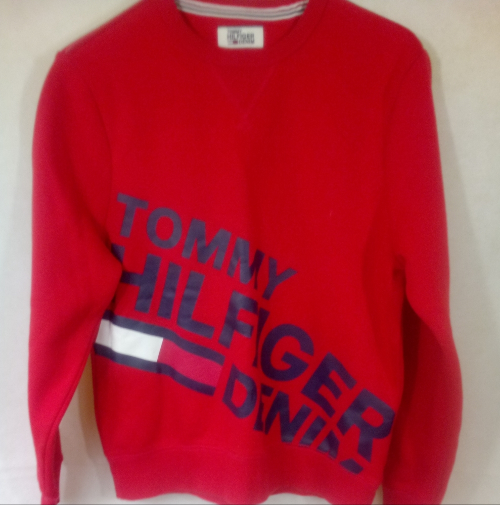 Tommy Hilfiger Mens Red L/S Spellout Sweater Pullover Crew Neck Sweatshirt XS - Picture 2 of 5